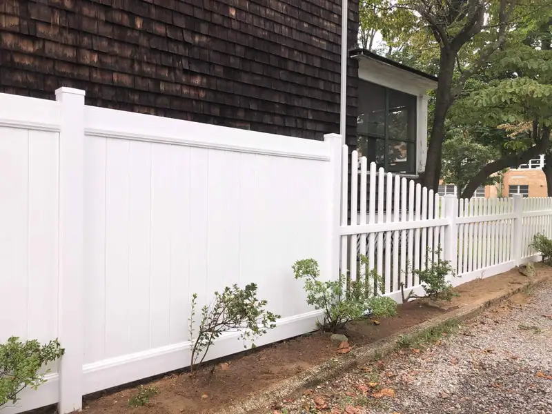 White vinyl privacy and picket fence combination by Fencing By Excellence near Holmdel, Monmouth County NJ